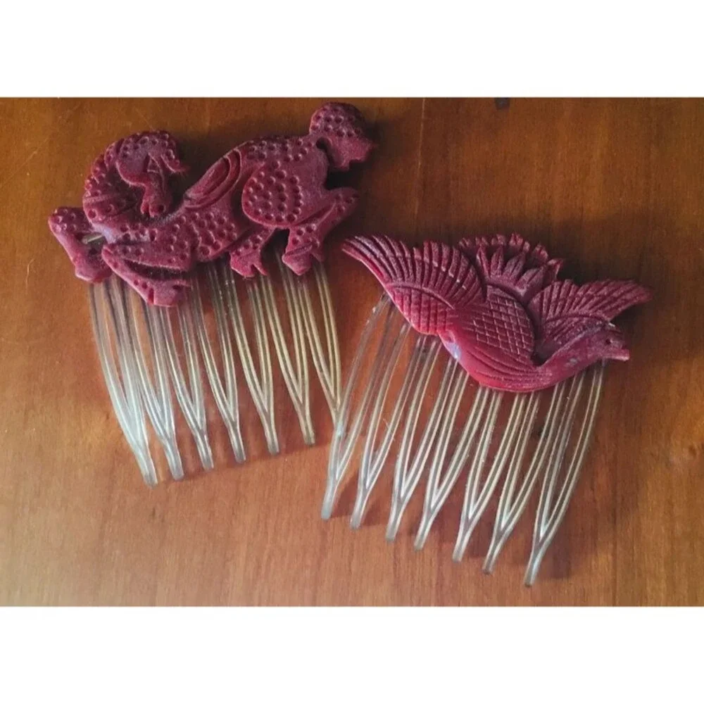 Vintage plastic, possibly Bakelite Asian horse and bird hair combs